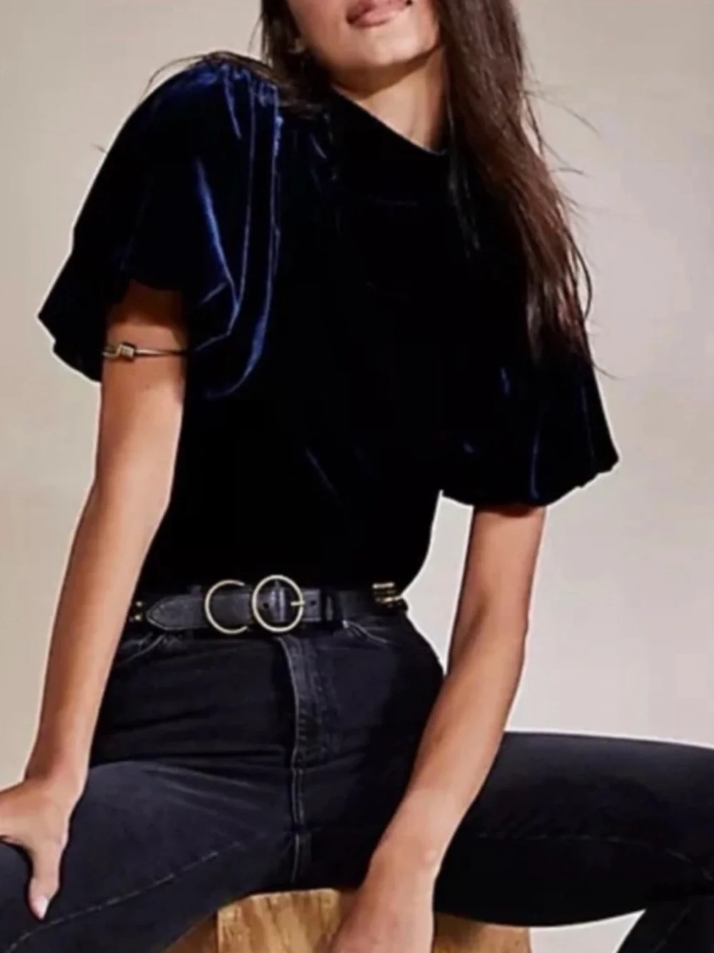 Free People Claudia Velvet Puff Sleeve Top Blouse Outerspace Blue Large